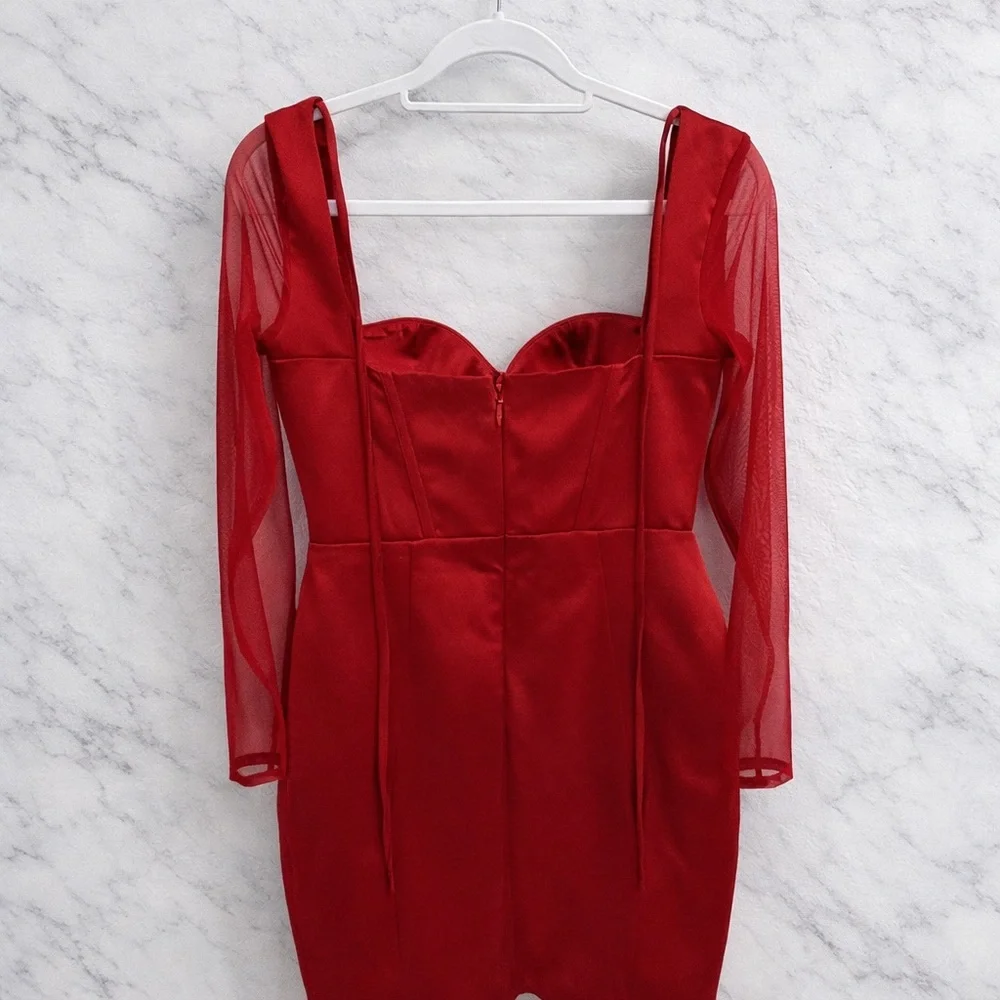 Miss Circle Red Satin Mesh Long Sleeve Corset Mini Dress Size M NWOT - Picture 5 of 7